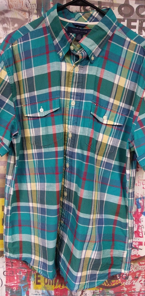 Tommy hilfiger button up blue,green plaid button